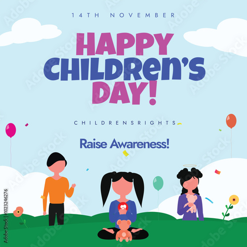 Happy Children's Day. 14th November Children's day celebration banner with children of different age playing in a park, garden with flowers, balloons. The day recalls the birthday of Jawaharlal Nehru.