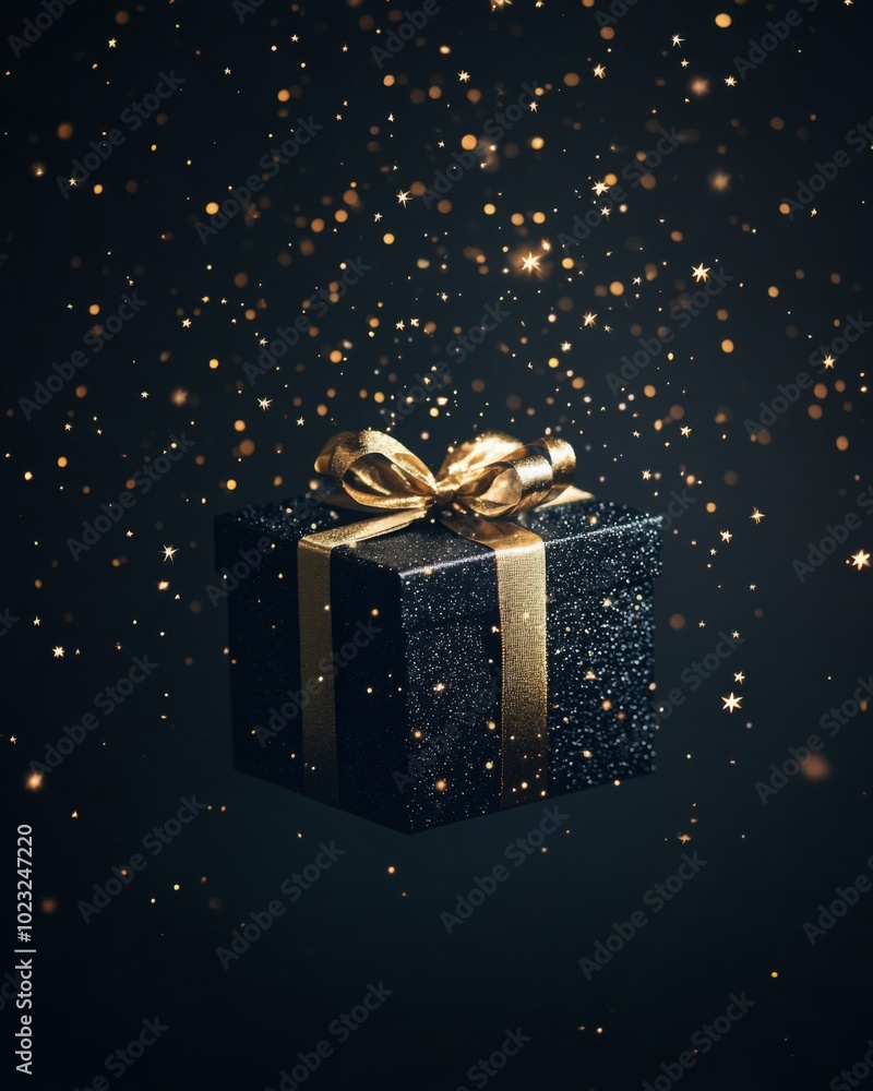 Black gift box with a golden ribbon floating with stars around, on a dark background with lots of space at the bottom Black gift box with a golden ribbon floating with stars around, on a dark background with lots of space at the bottom