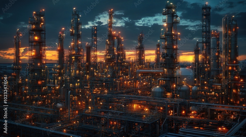 A sprawling industrial complex illuminated at dusk, showcasing towering structures and pipes.