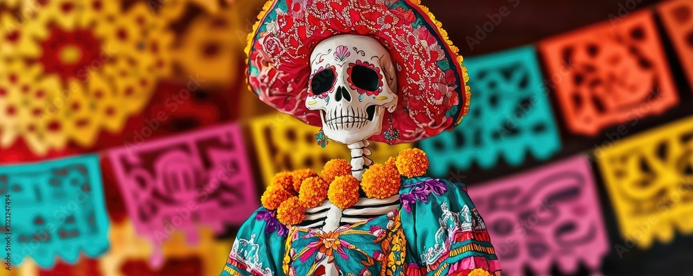 Fototapeta premium Vibrant skeleton figure adorned in traditional Mexican attire, celebrating Dia de los Muertos with colorful decorations and flowers.