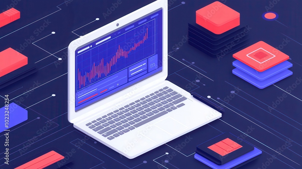 A laptop displaying data analysis on a vibrant digital background with geometric shapes. A laptop displaying data analysis on a vibrant digital background with geometric shapes.