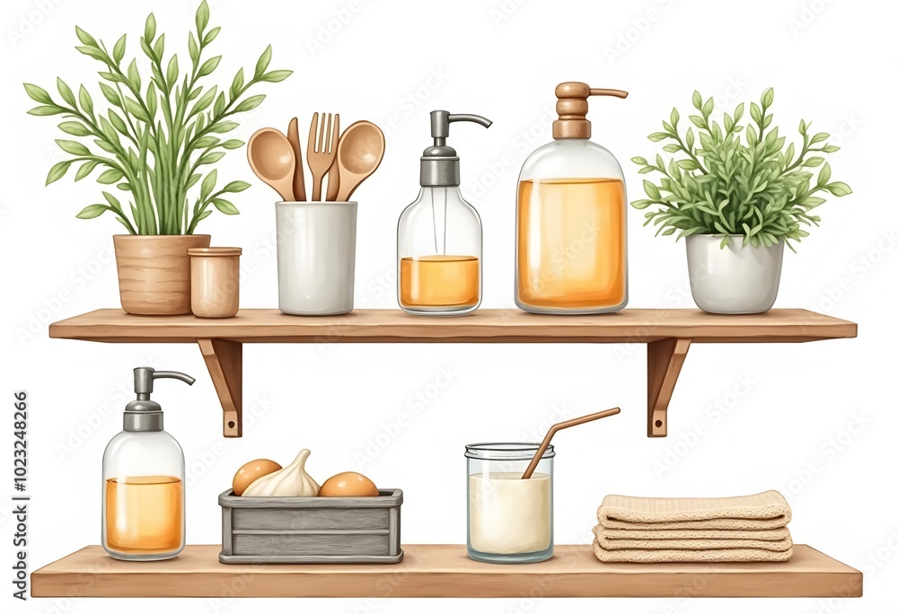 Kitchen supplies on shelves. Two shelves and hangers with plates, saucepans, bottles, condiments and other kitchenwares. Objects are separate for displace and move them easily.
Kitchen supplies on shelves. Two shelves and hangers with plates, saucepans, bottles, condiments and other kitchenwares. Objects are separate for displace and move them easily.