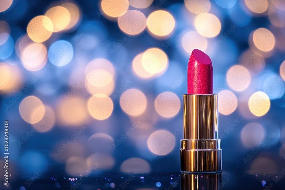 Elegant pink lipstick on sparkling blue background Elegant pink lipstick on sparkling blue background