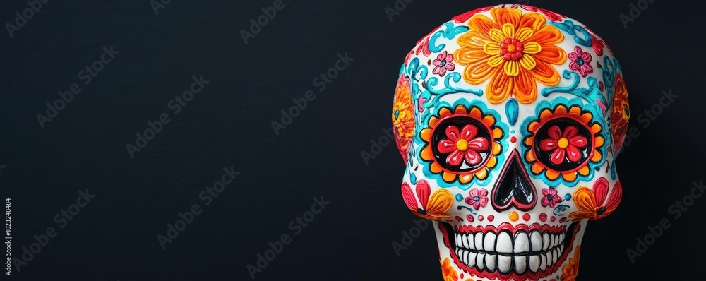 Fototapeta premium A vibrant, decorated skull showcasing intricate floral patterns, perfect for celebrating traditions and cultural art.