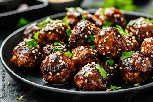 Gourmet glazed meatballs with sesame garnish on kitchen table