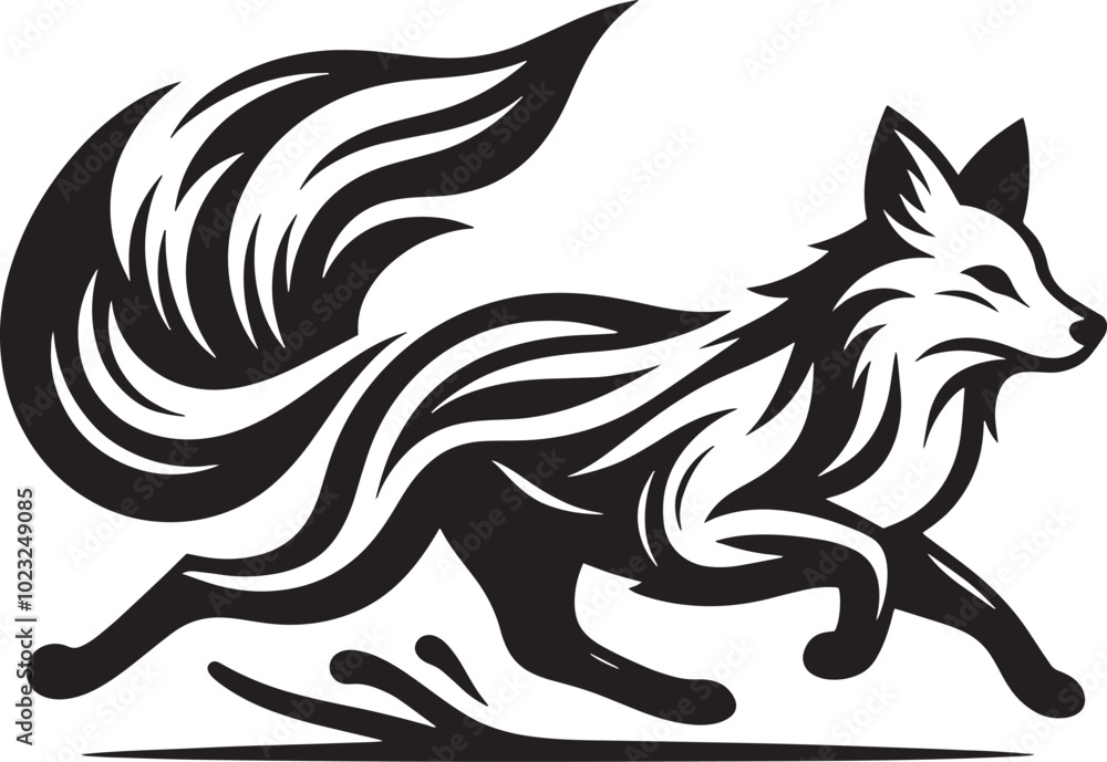 Fototapeta premium Black and white running fox vector tattoo design silhouette