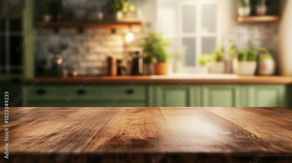 Focus on wooden table top with a blurred, stylish green kitchen, providing a clean mockup space for product or design displays Focus on wooden table top with a blurred, stylish green kitchen, providing a clean mockup space for product or design displays
