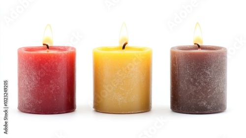 Trio of burning pillar candles with bright flames isolated on a white backdrop