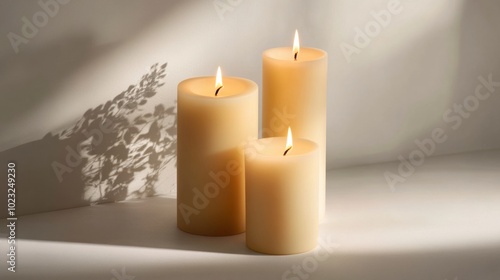 Wallpaper Mural Trio of burning pillar candles softly on a clean white backdrop Torontodigital.ca