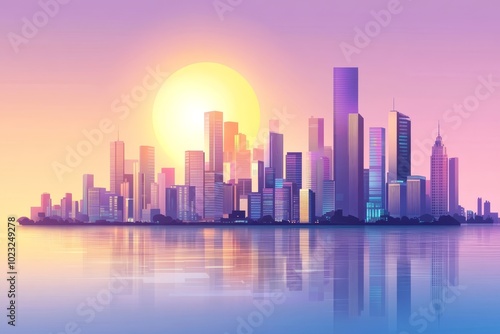 A city landscape full of modern sense, with purple tones as the theme, sunny during the day, the city is full of bright colors and interesting architecture, can be used for business presentation PPT.