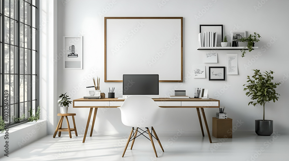 3D Glossy Home Office Icon with Whiteboard Concept - Modern Workspace Photo Featuring Functional Desk Setup on Isolated White Background 3D Glossy Home Office Icon with Whiteboard Concept - Modern Workspace Photo Featuring Functional Desk Setup on Isolated White Background