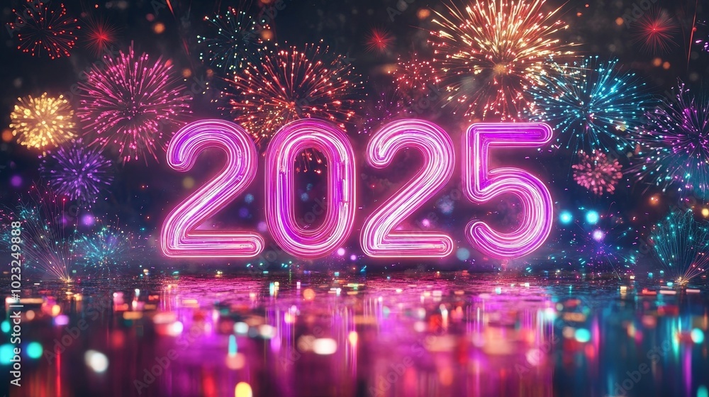 A dazzling neon display of 2025 with colorful fireworks bursting around it, creating a festive atmosphere. A dazzling neon display of 2025 with colorful fireworks bursting around it, creating a festive atmosphere.