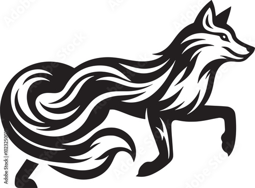 Black and white running fox vector tattoo design silhouette