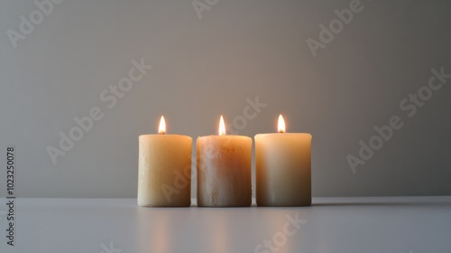 Trio of burning pillar candles with warm flames glowing brightly against a plain white surface