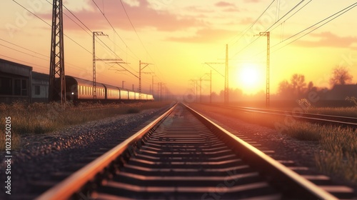 Train Tracks at Sunset with Passing Train