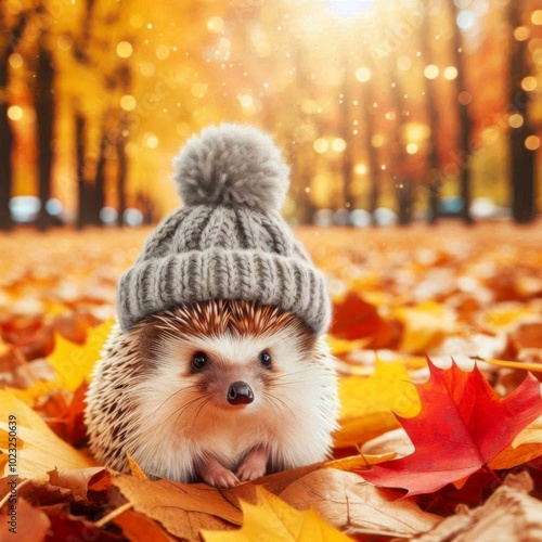 A hedgehog in a gray hat is located on yellow autumn leaves. Knitting concept. International Knitting Day. photo