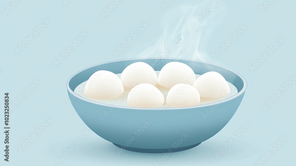 Bowl of steaming rice dumplings, blue background Bowl of steaming rice dumplings, blue background