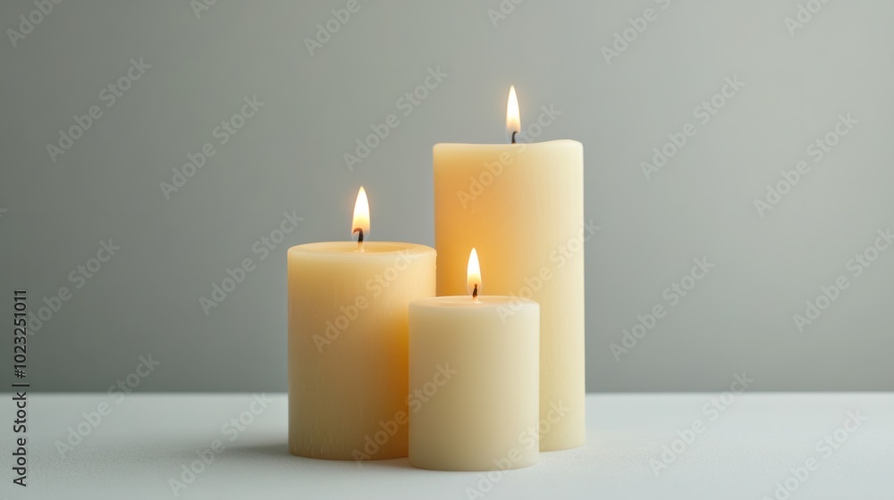 Trio of pillar candles with soft glowing flames burning gently on a plain white surface Trio of pillar candles with soft glowing flames burning gently on a plain white surface