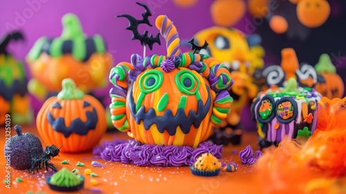 Halloween themed treats and decorations with vibrant colors