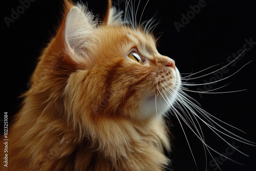 Majestic ginger cat with lush whiskers dark background