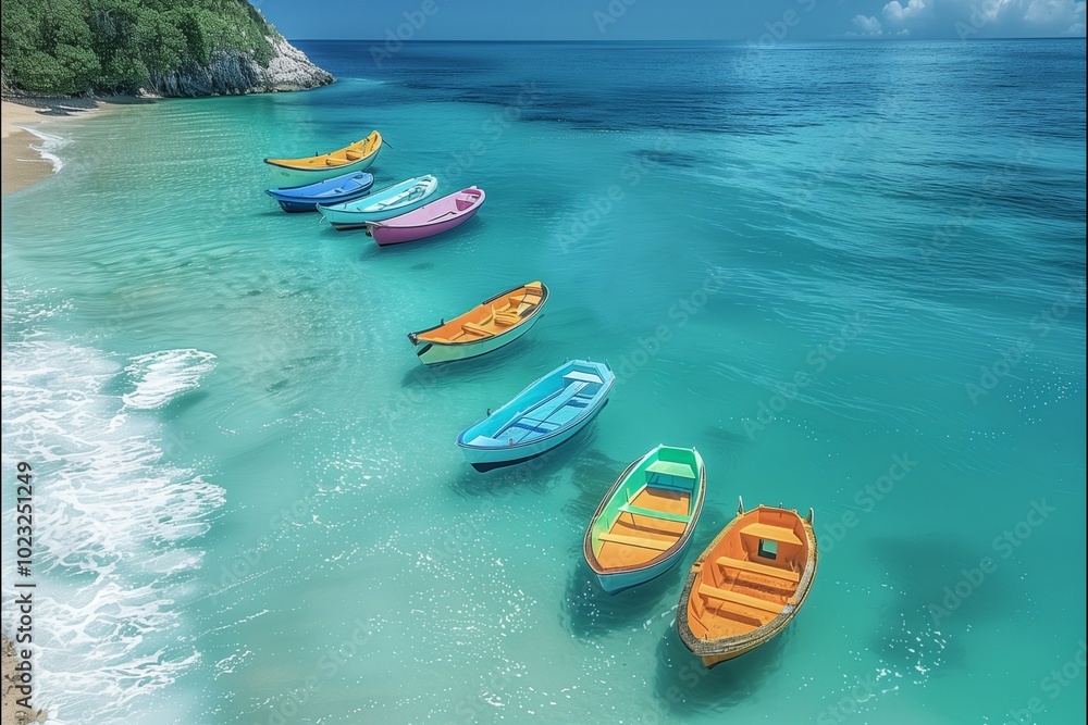 Colorful boats are lined up on the clean beach Colorful boats are lined up on the clean beach