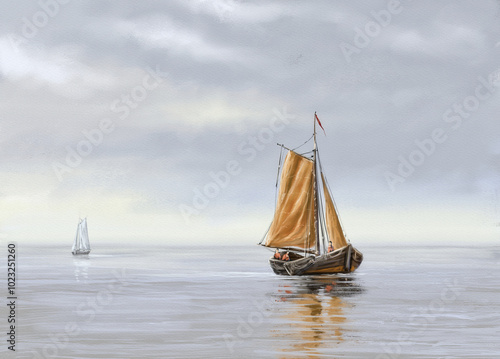 Paintings landscape, sailing ship in the sea, old ship in the sea, fishing boat, fine art, artwork