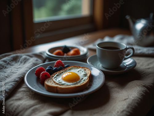 Cozy breakfast nook with coffee and bread.  photo