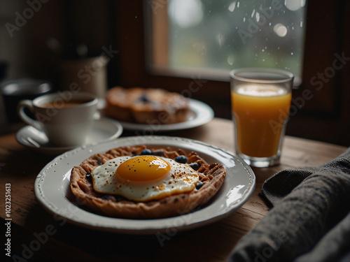 Cozy breakfast nook with coffee and bread.  photo