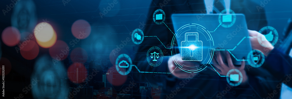 Online business technology cyberspace internet cyberspace law rules rights regulation security lock protection against copyrights misuse conduct, social media private data privacy usage, banner icon Online business technology cyberspace internet cyberspace law rules rights regulation security lock protection against copyrights misuse conduct, social media private data privacy usage, banner icon