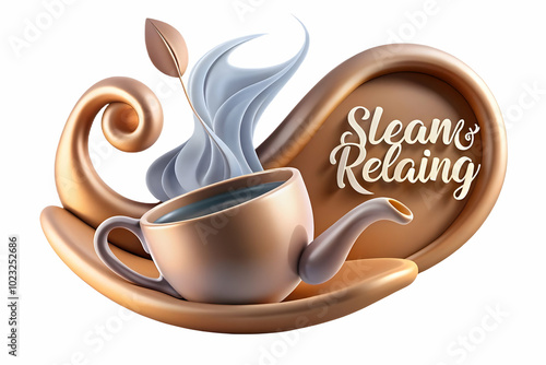 Calming Vector Illustration of Abstract Steam Lines Forming a Tea Leaf with Steamy & Relaxing Text for Tea Promotions