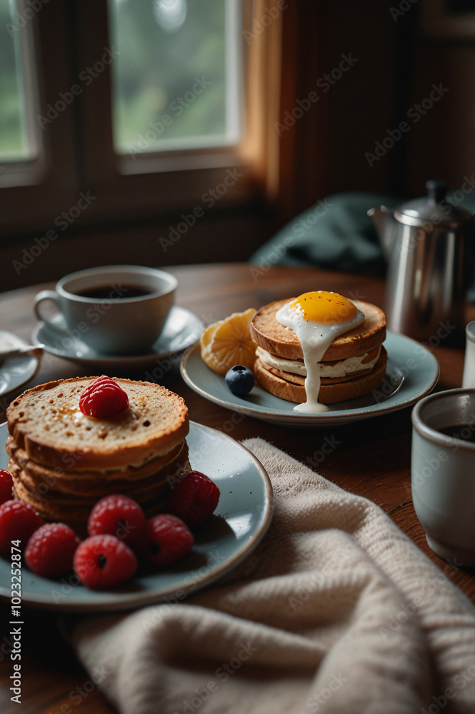 Cozy breakfast scene with coffee and bread. Cozy breakfast scene with coffee and bread.