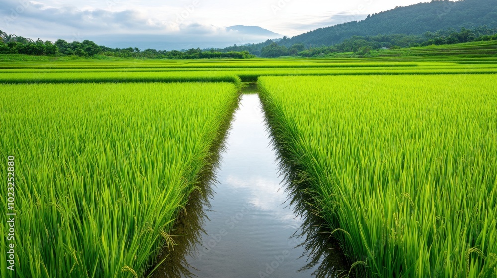 Lush green rice fields with a serene waterway under a cloudy sky. Agriculture, Farm and Water system. Lush green rice fields with a serene waterway under a cloudy sky. Agriculture, Farm and Water system.
