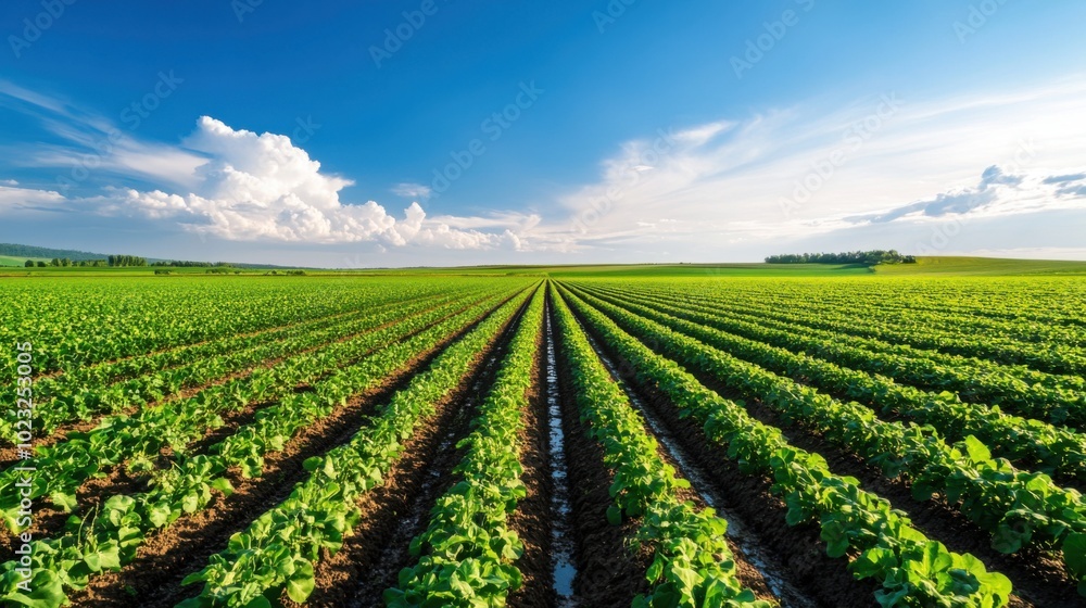 Vast green field under a blue sky with clouds, showcasing rows of crops. Agriculture, Farm and Water system. Vast green field under a blue sky with clouds, showcasing rows of crops. Agriculture, Farm and Water system.