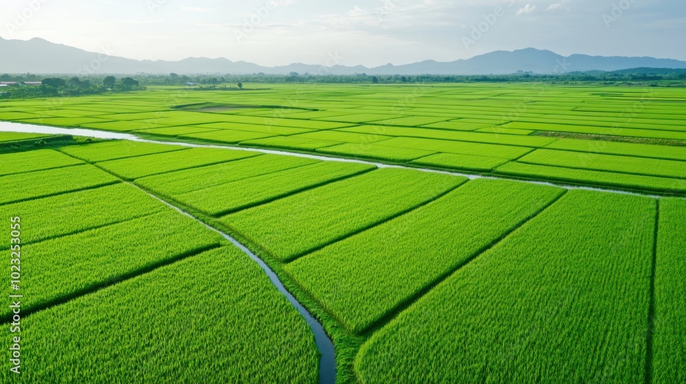 Vast green rice fields with winding streams under a clear sky, aerial view. Agriculture, Farm and Water system. Vast green rice fields with winding streams under a clear sky, aerial view. Agriculture, Farm and Water system.