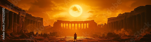 A lone gladiator stands in a grand arena at sunset, surrounded by ancient architecture and a golden sky.