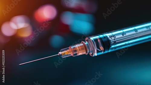 Close-up of medical syringe on colorful bokeh background