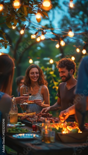 Friends enjoying a fun outdoor barbecue together with laughter and delicious food