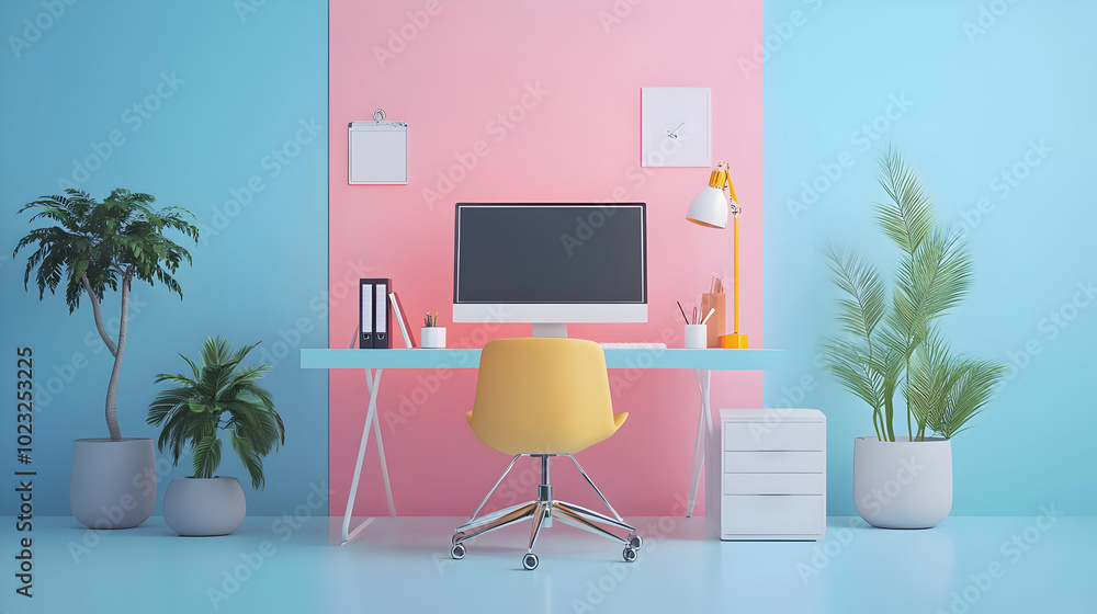 3D Glossy Digital Art Background for Modern Home Office Setup: A Photo Showcasing Desk and Chair Design with Creative Aesthetic 3D Glossy Digital Art Background for Modern Home Office Setup: A Photo Showcasing Desk and Chair Design with Creative Aesthetic