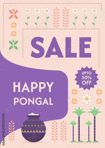 Pongal Sale poster design with sugarcane, wheat, pongal pot, and other decorations. Vector illustration.