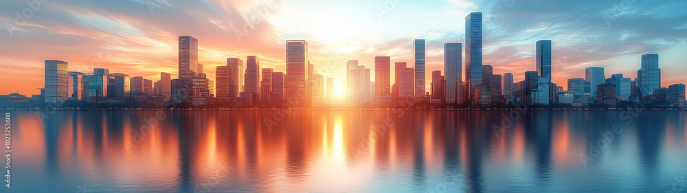 Fototapeta premium A vibrant city skyline with the sun setting behind tall buildings, reflecting its warm glow onto the water below.