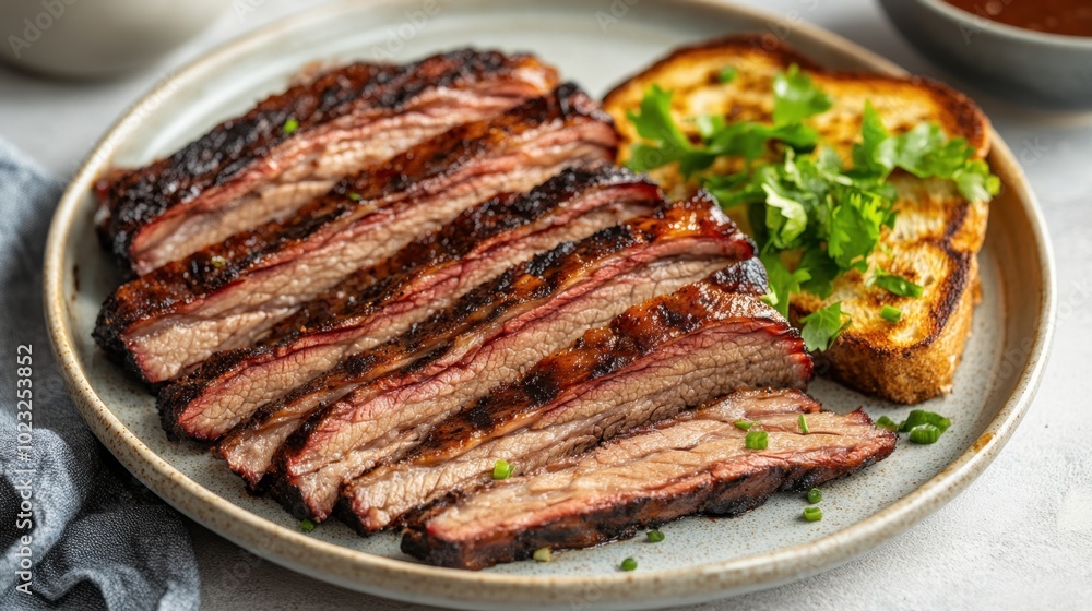 Smoked brisket sliced to perfection with toast, served on a plate for a BBQ feast, flavorful and savory Smoked brisket sliced to perfection with toast, served on a plate for a BBQ feast, flavorful and savory