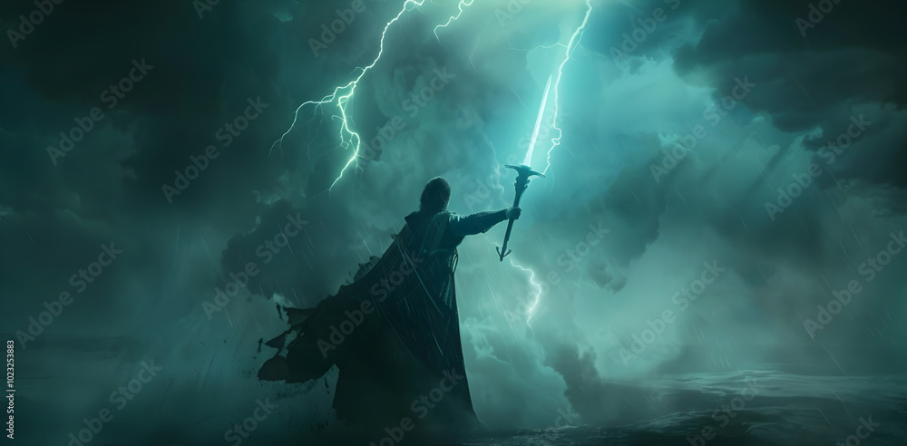 Fototapeta premium Warrior with lightning sword standing on top of water raining and clouds in the background