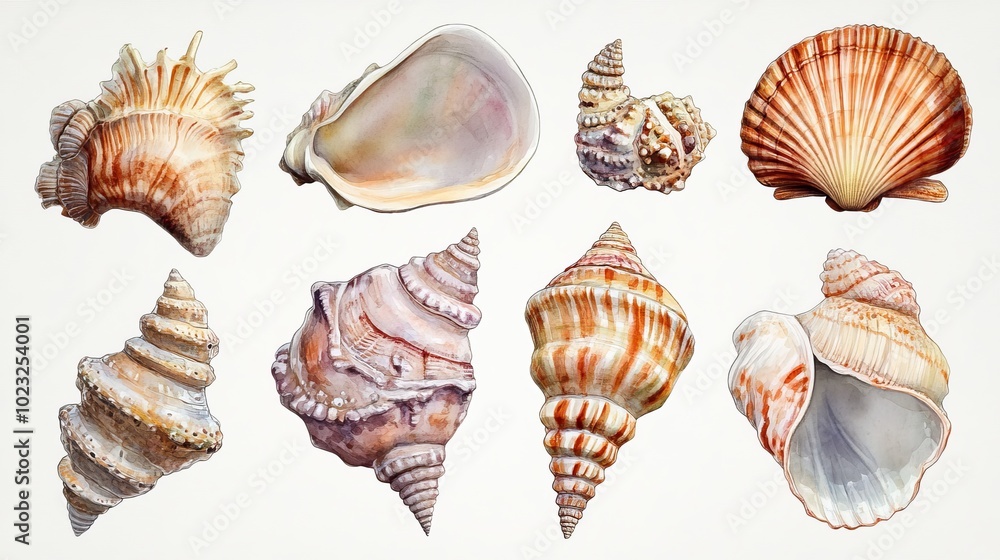 A charming collection of watercolor sea shells, showcasing delicate hues and intricate details, each piece a unique treasure from the ocean. A charming collection of watercolor sea shells, showcasing delicate hues and intricate details, each piece a unique treasure from the ocean.