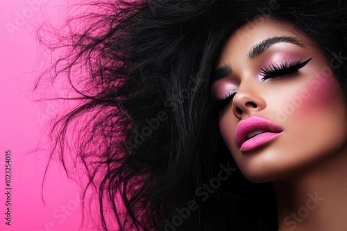 Glamorous woman with vibrant makeup on pink background