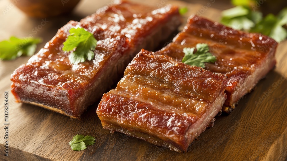Succulent glazed pork ribs on wooden board Succulent glazed pork ribs on wooden board