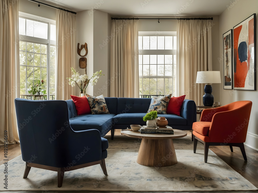 Fototapeta premium Elegant Living Room with Blue Sectional Sofa and Bold Accent Chairs