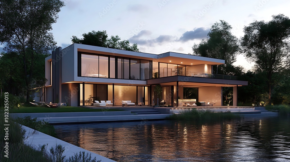 Modern house with large windows overlooking a lake at dusk. Modern house with large windows overlooking a lake at dusk.