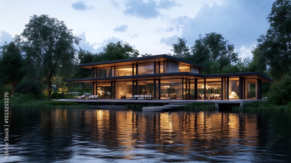 Modern house with large windows overlooking a lake at dusk. Modern house with large windows overlooking a lake at dusk.