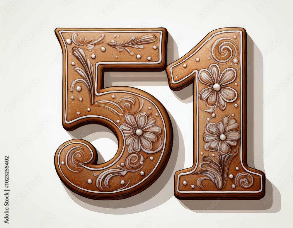 Decorated cookie, number 51, illustration for birthday or anniversary celebration Decorated cookie, number 51, illustration for birthday or anniversary celebration