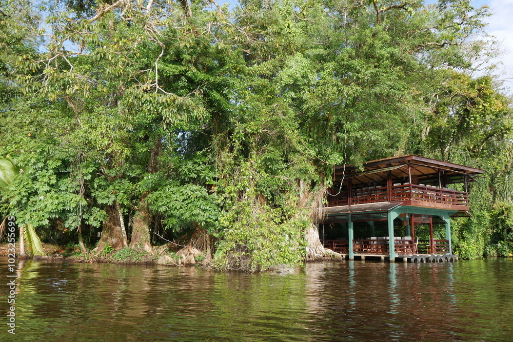 Flussufer und Haus am Ufer in Tortuguero in Costa Rica Flussufer und Haus am Ufer in Tortuguero in Costa Rica